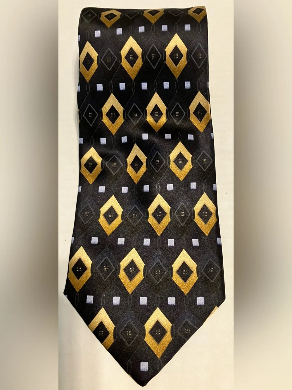 Alexander Julian Black Tie with Gold Diamond Pattern and Small Silver Squares